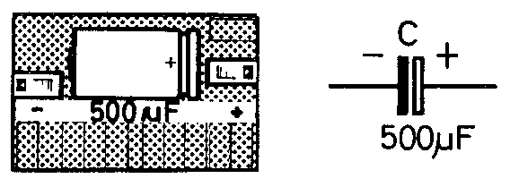 500-pF-Elektrolytkondensator in Aufbauzeichnung und Schaltbild